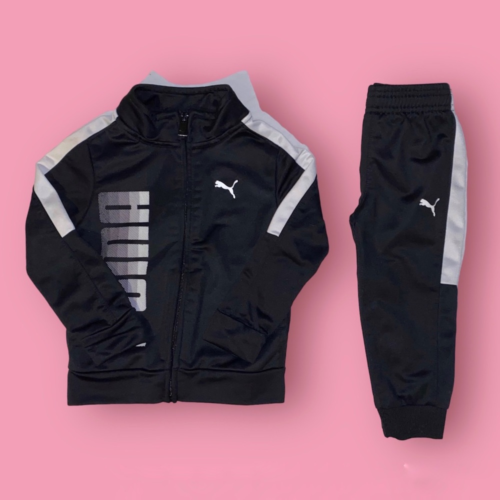 EUC Puma BABY BOYS' Black & White 2PC TRICOT TRACK JACKET JOGGERS SET